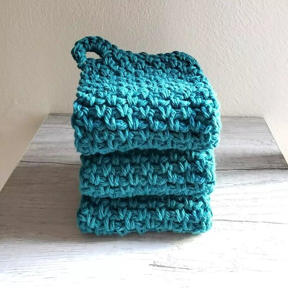 3 CROCHET DISHCLOTH WASHCLOTH 100% COTTON HANDMADE NEW TURQUOISE TEAL GIFT - Picture 2 of 5